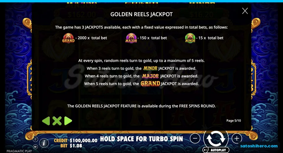 Golden Reels rules list three jackpot tiers