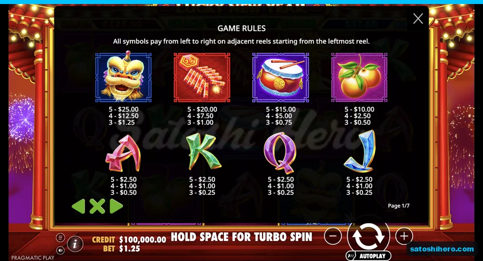 Paytable lists lion and royal symbol values