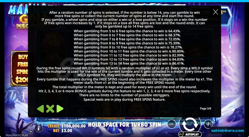 Rules show free spins wheel and meter