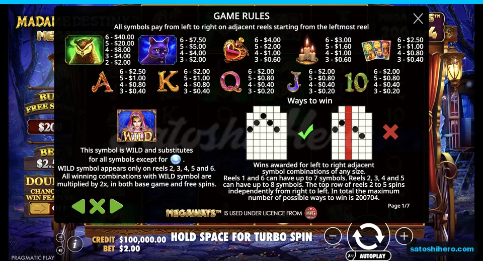 Paytable lists owl cat heart candle and tarot values