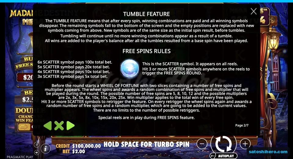 Rules page shows tumble and crystal-ball scatter details