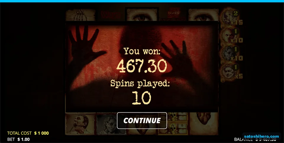 Total win screen showing $467.30