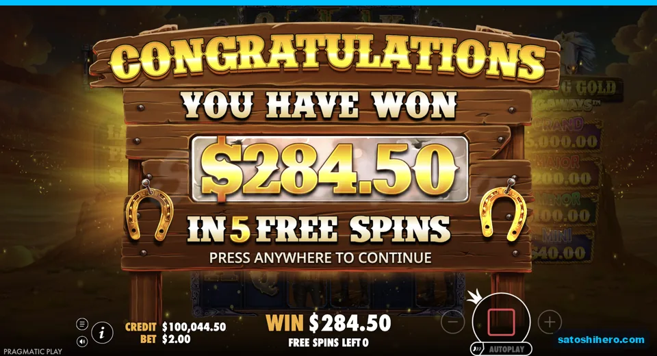 Collect screen shows total won across five spins