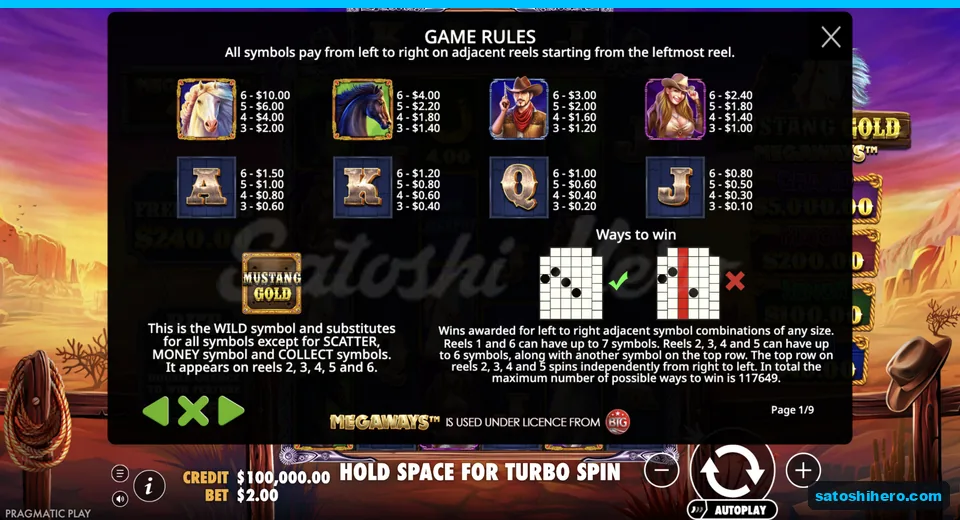 Paytable lists mustang and character values