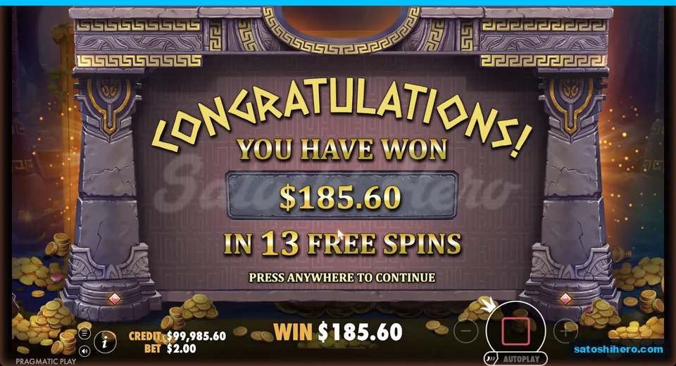 End screen collects $185.60 from thirteen spins