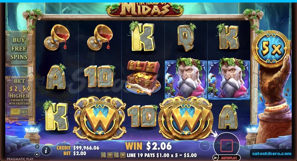 Line win calculation shows $1 times five