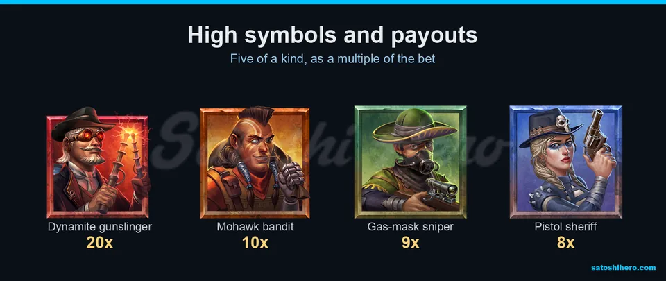 Outlaw characters show five-symbol payout values