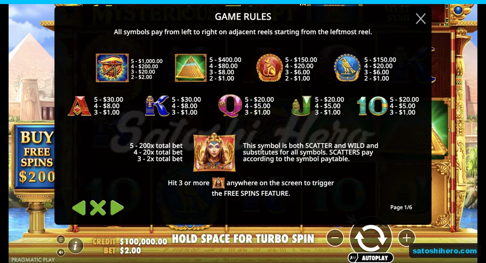 Paytable lists Eye of Horus and lower symbols