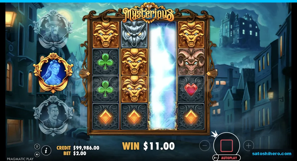 Line win pays with gold lion masks