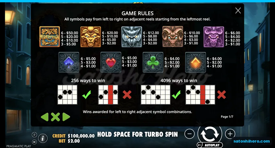 Paytable lists masks, suits, and ways grids