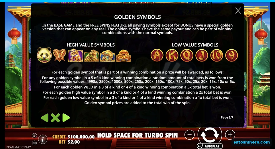 Golden symbol rules show prize ladder