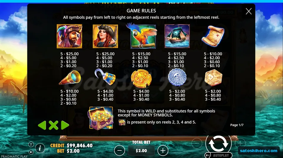 Paytable lists pirates, ship, map and wild chest