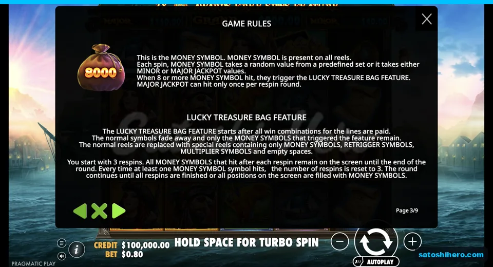 Rules explain money bags and respin values