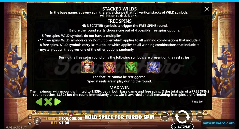 Rules page lists Wilds, Scatters, and special reels
