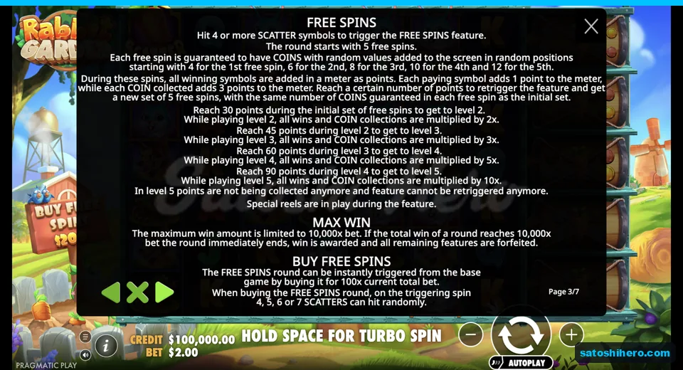 Free spins page shows coins levels and buy price