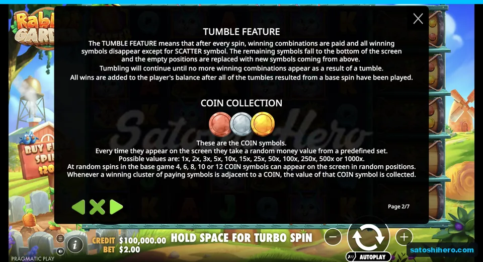 Coin symbols show random values and tumble rules