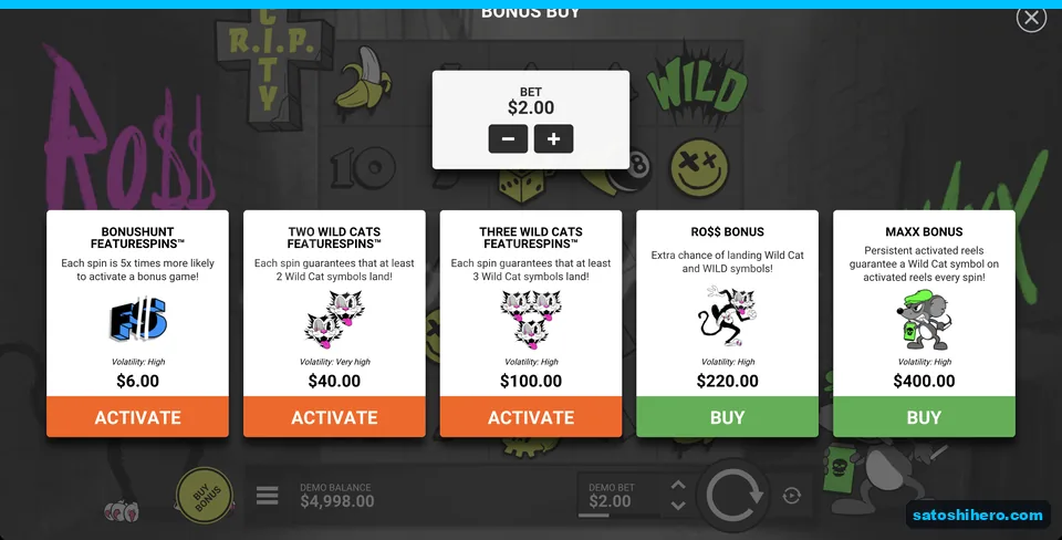 Bonus buy menu lists five prices