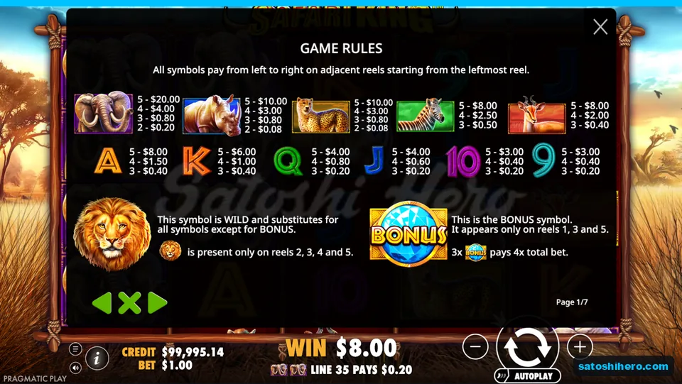 Pay table shows animals royals wild and globe
