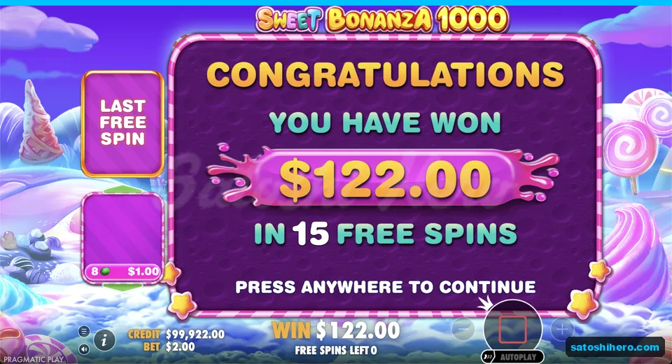 Free spins summary shows total win collected