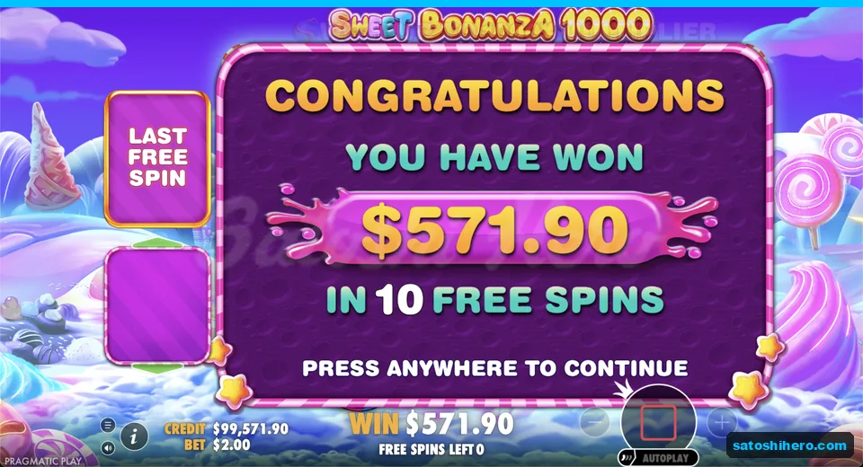 Super free spins summary shows 571.90 total