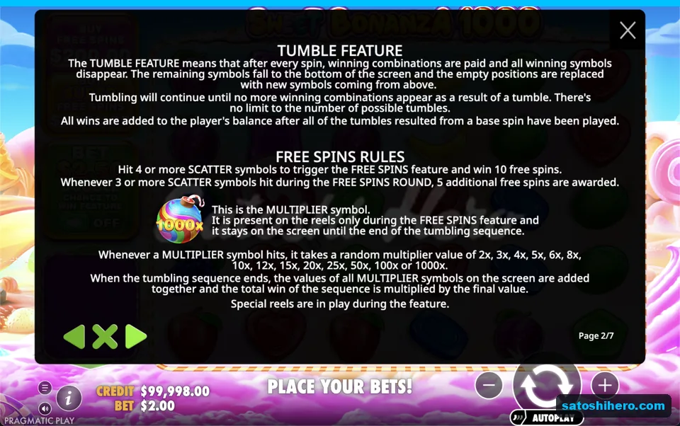Rules page shows rainbow bomb and scatters