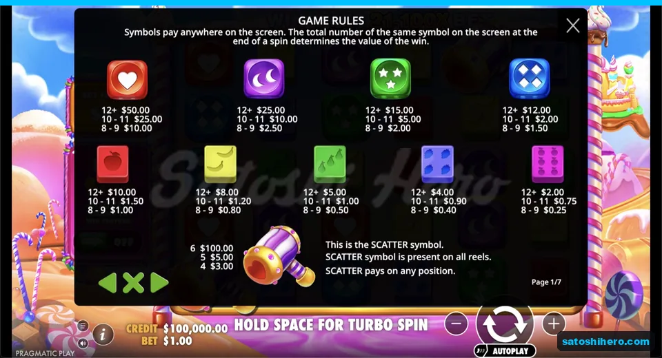Rules page lists symbol pay values