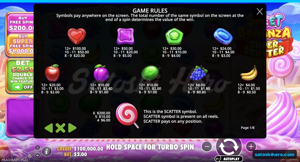 Paytable lists candy and fruit values