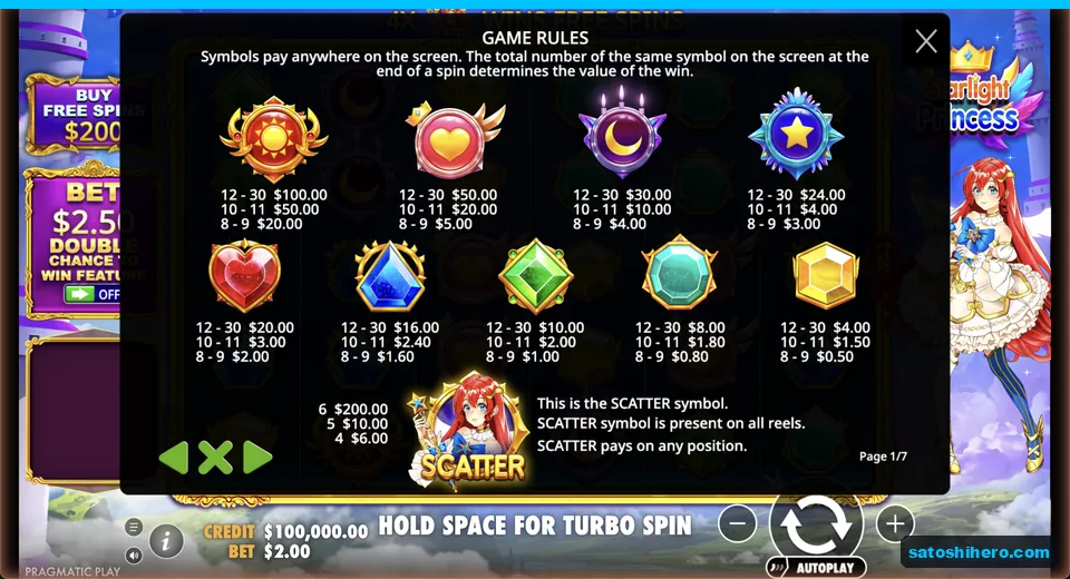 Paytable lists sun, hearts, moons and gems
