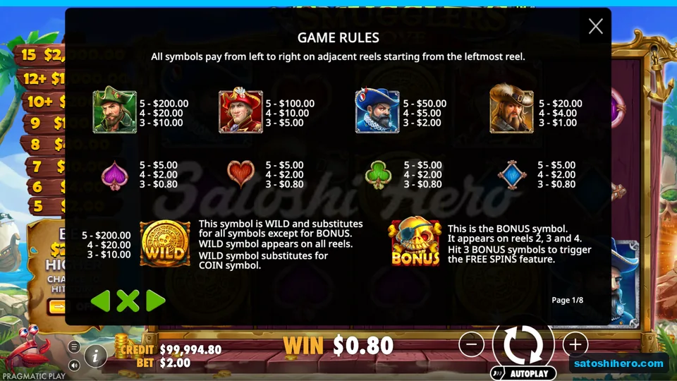 Paytable shows pirate premiums and carved suits