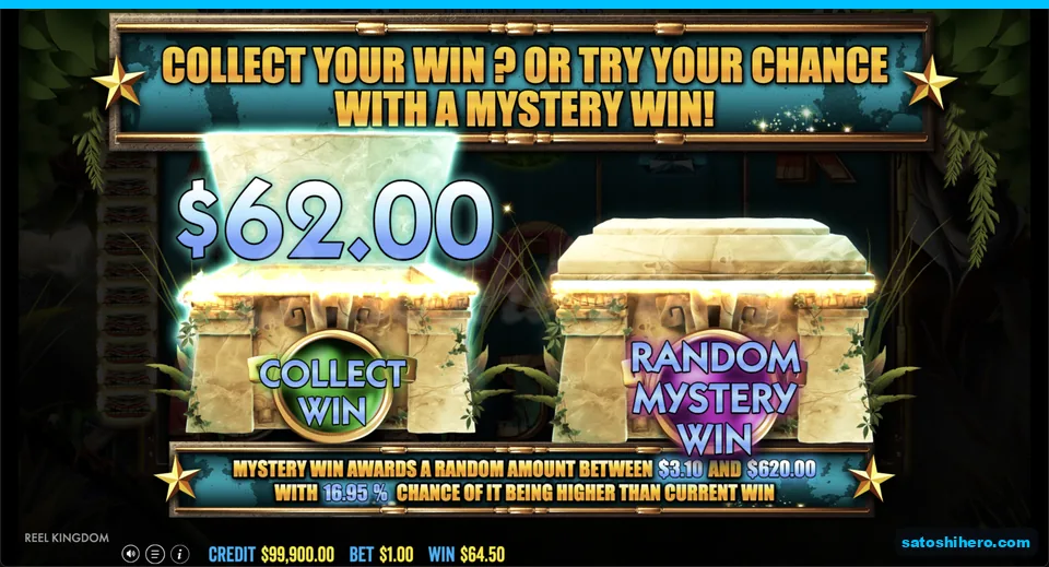 Collect screen shows $62.00 against mystery range