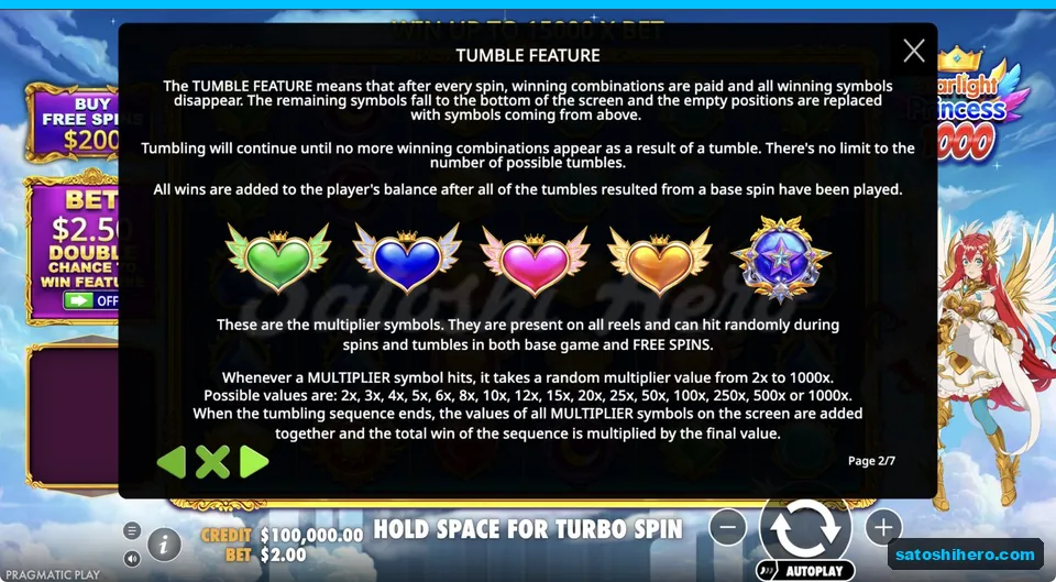 Rules page shows tumble and multiplier symbols