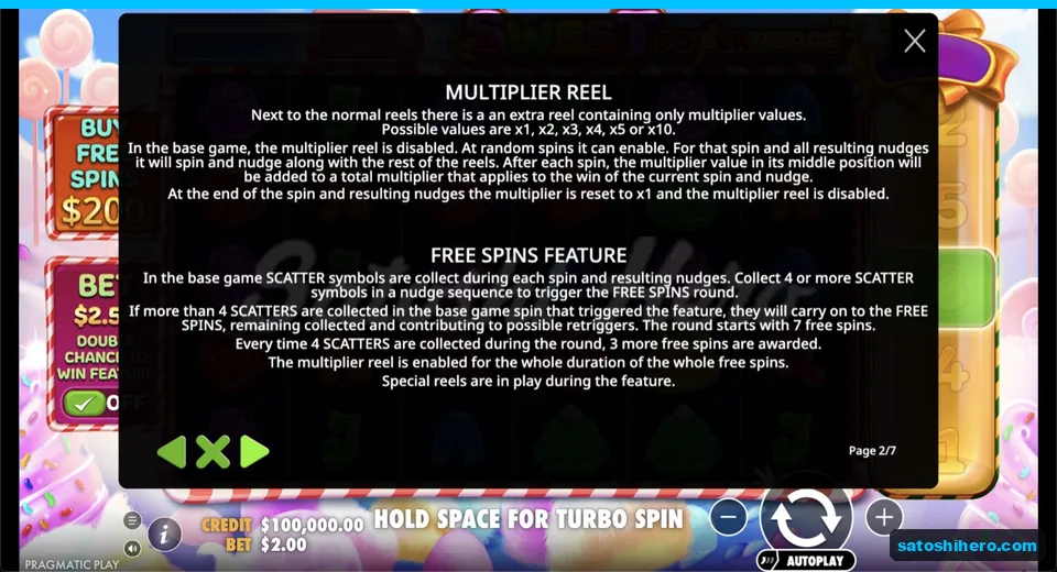 Rules screen explains seven free spins