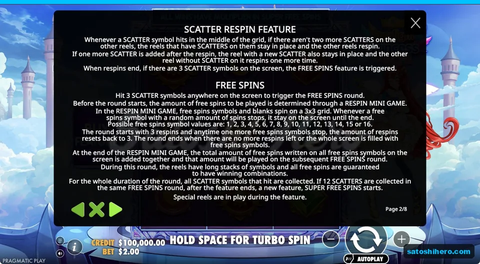 Rules page explains scatter respin and free spins