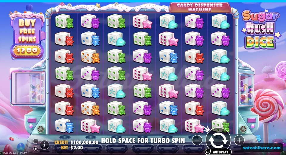 Settled candy dice grid under dispenser sign
