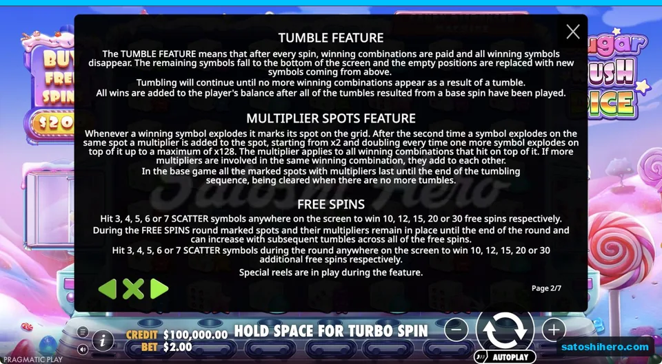 Rules page shows tumbles, multipliers and free spins