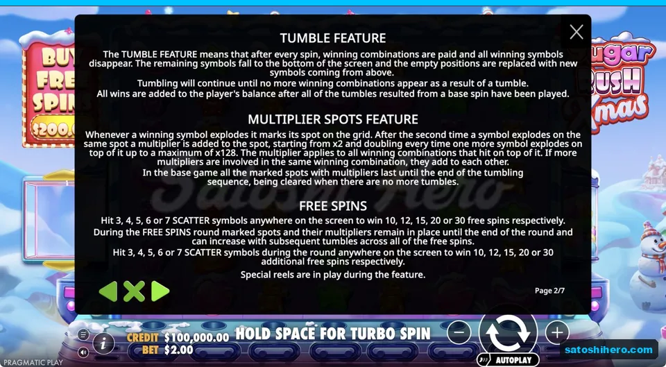 Rules page shows tumbles, multiplier spots and free spins