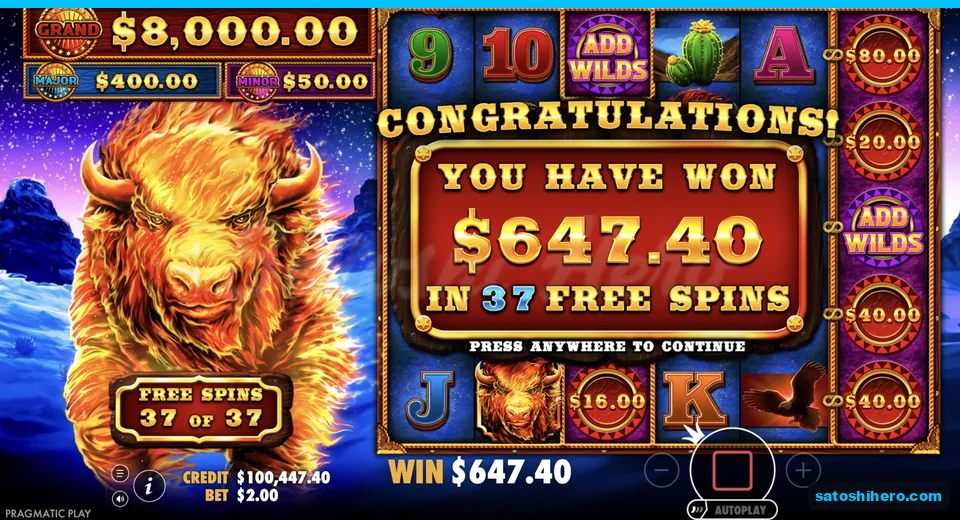 Collect screen shows $647.40 from 37 spins