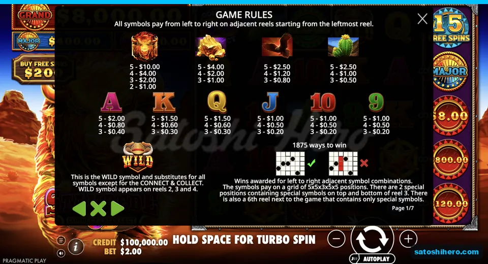 Paytable lists buffalo, lion and card payouts