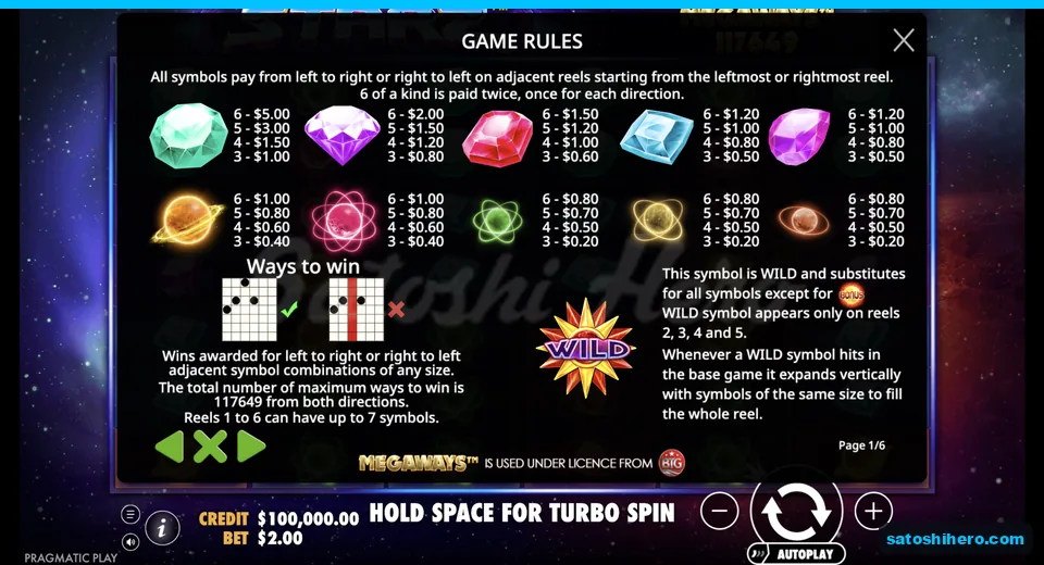 Paytable lists gem and planet values