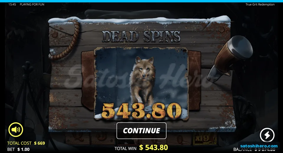 Win screen showing $543.80 total