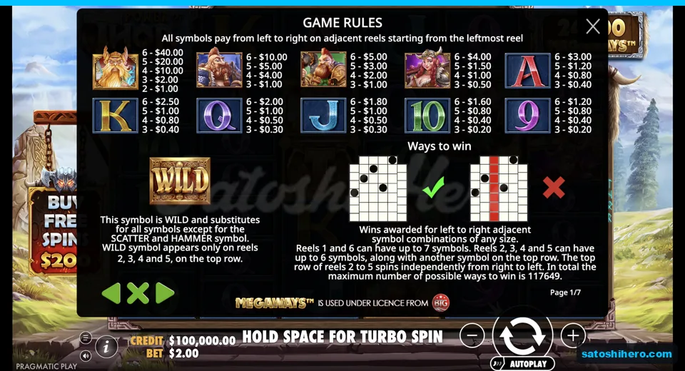 Paytable lists Thor and lower symbol values
