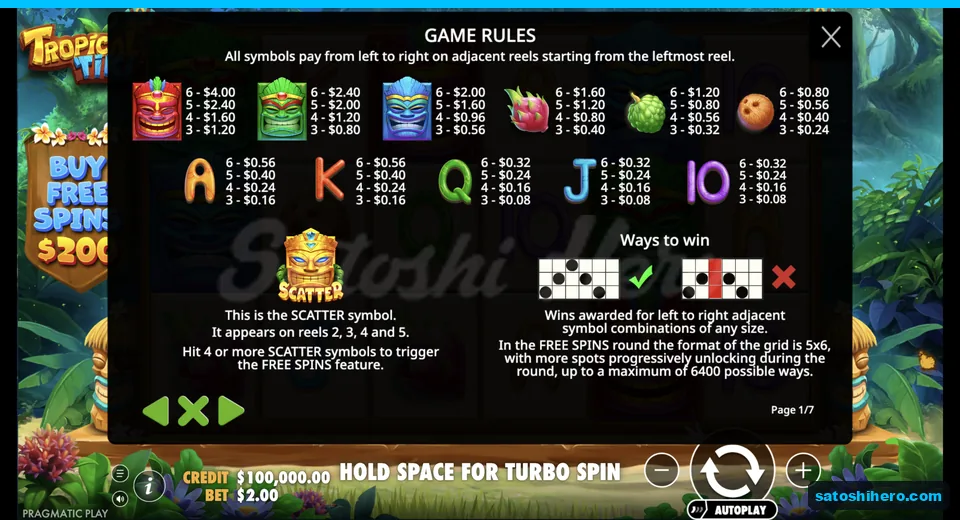 Rules page lists symbol pays and scatter reels