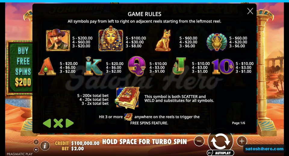 Paytable lists symbols and three pay tiers