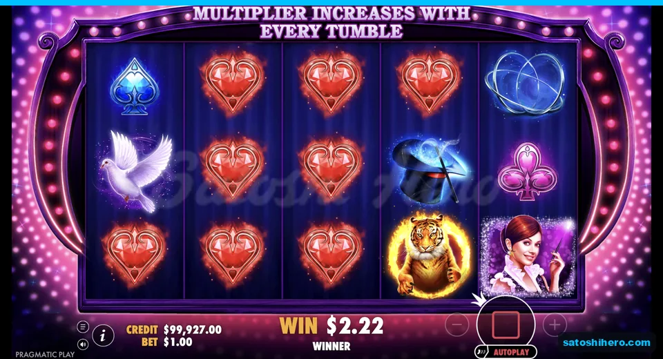 Line win pays with red heart gems