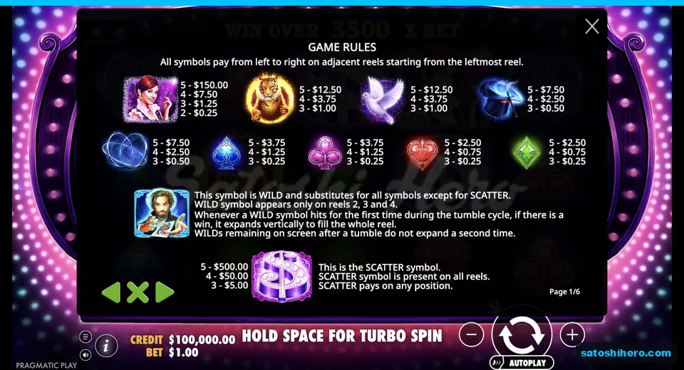 Rules page lists symbol payouts and special icons