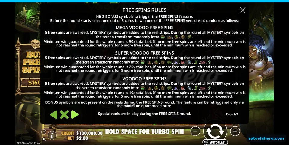 Rules page shows three free spin guarantees
