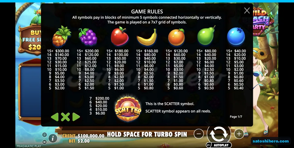 Paytable lists fruit values and scatter awards