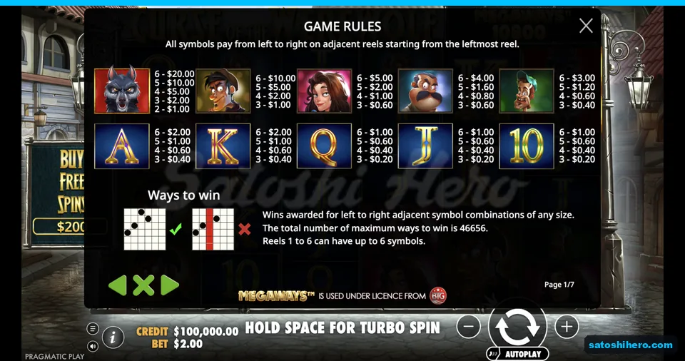 Paytable lists werewolf villagers and card letters