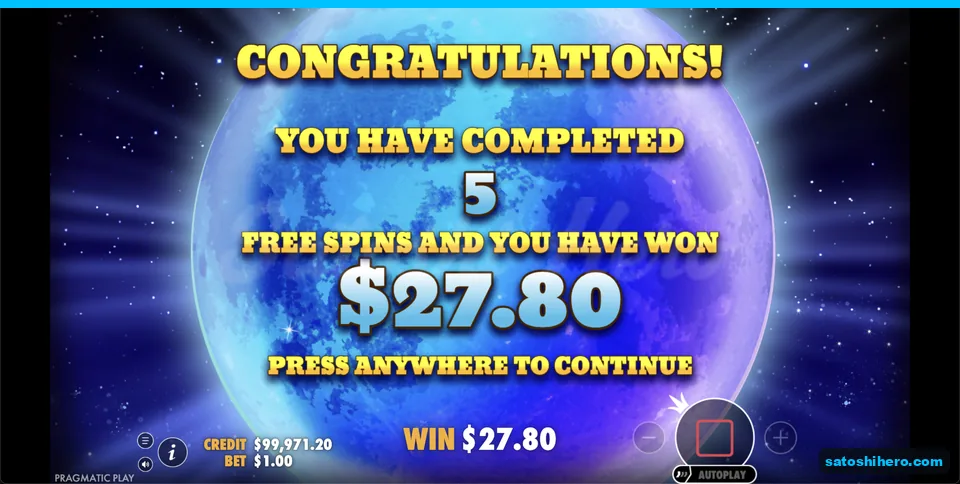 Free spins completion screen shows $27.80 won
