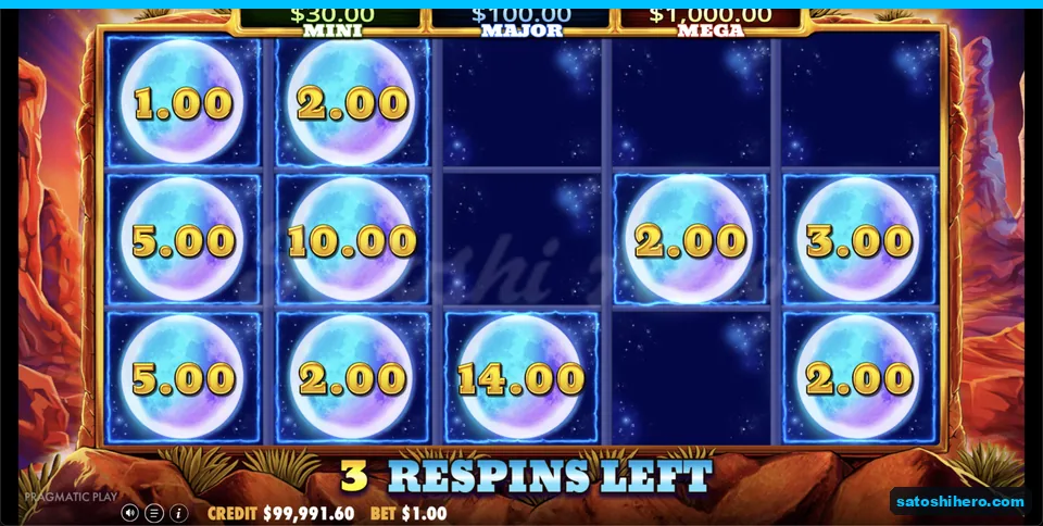 Locked moon grid shows three respins remaining